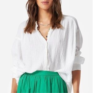 XiRENA Atlee Shirt - White Cotton Gauze Button Up Band Collar Shirt Blouse Top